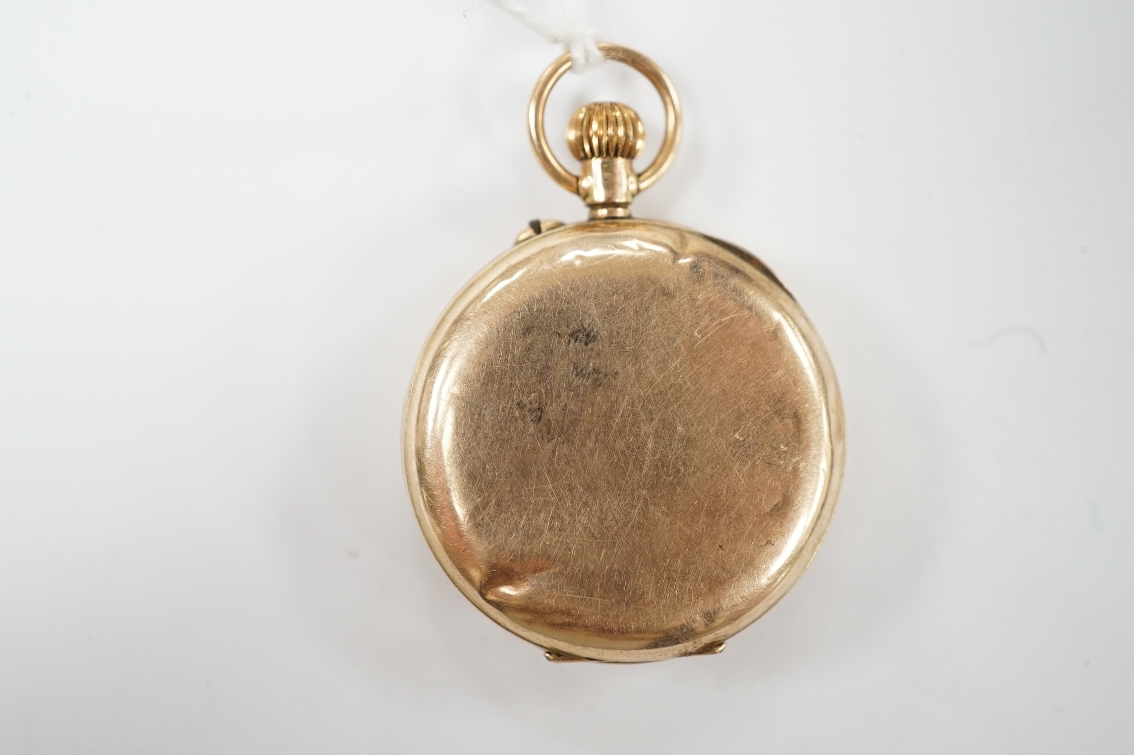 An Edwardian 12ct gold half hunter fob watch, with Arabic dial and Roman chapter ring, gross weight 20.8 grams. Condition - poor